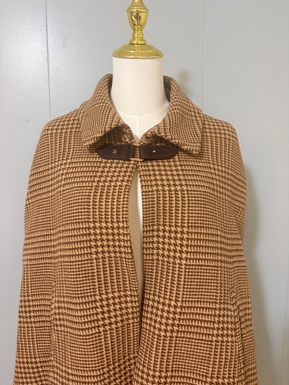 Lauren Ralph Lauren Wool Blend Cape Coat M/L Camel Cognac Check Heritage Autumn - Picture 5 of 16